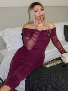 salliqueen Women's Sexy Elegant Luxurious Shiny Metallic Mesh Sheer Long Sleeve Off-Shoulder Dress, Suitable For Dates, Parties, Gatherings, Birthdays,Dresses For Women Elegant,New Year Dress ,Elegant Party Dresses Off Shoulder Mesh Dress Sexy Date Night Dress See Through Dress Off The Shoulder Dresses,Dresses For Women Elegant See Through Long Sleeve Dress Wine Dress - Purple - View 4
