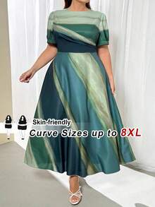SHEIN CURVE+ Elegant Tie-Dye Flame Green Print Long Dress With Puff Sleeves, Suitable For Graduation Ceremony, Renaissance Fair, Flowy Dress, Spring/Summer, Summer Dresses - Green - View 6