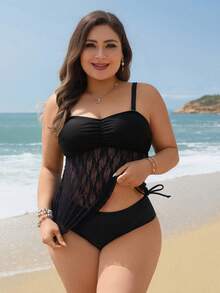 SHEIN Swim Lushore 大码女士蕾丝拼接可拆卸肩带露背比基尼两件式泳衣 - 黑色 - 查看 3