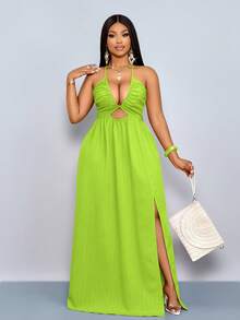 SOLERSUN Women Plus Size Spring Summer Solid Color Elegant Holiday Crisscross Tie Backless Halter Swing Dress Maxi Women Outfit - Limelight Green - View 7