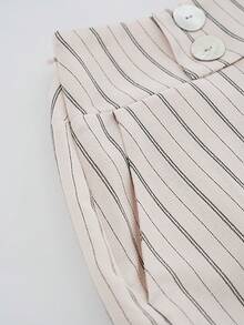 Aalyst Women Chic Black And White Striped Straight Leg Pants,Summer Vacation Holiday Casual Elegant Shell Button Waist Fitted Trousers With Pockets,Apricot - Apricot - View 2