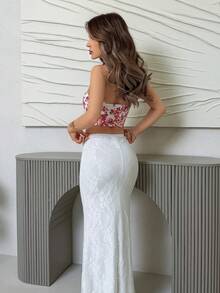 Jemour Áo Bandeau họa tiết hoa nhuộm loang màu nước đỏ trắng dành cho nữ, chất liệu vải thun co giãn, đường viền xương cá, trang trí đa năng, mùa cưới, bãi biển, lễ hội miền Tây, mùa hè, phong cách Boho - Đỏ và trắng - Xem 2