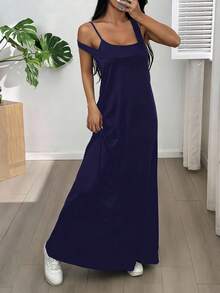 SHEIN EZwear Women's Asymmetric Neckline Sleeveless Casual Dress, Summer Dress With Built-In Bra, Navy Blue Vacation Dress, Navy Blue Summer Dress, Casual Navy Blue Dress - Navy Blue - View 6