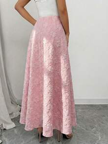 Elenzga 1pc Women's Spring/Summer Floral Jacquard Textured Ruched A-Line Elegant Skirt - Pink - View 2