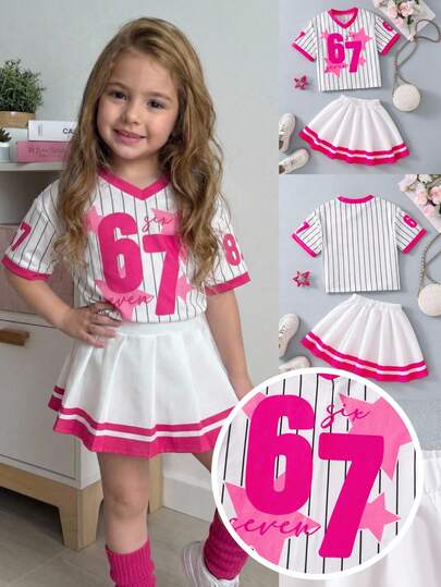 SHEIN Kids' 67 Number & Alphabet Print T-Shirt & Skirt 2-Piece Set - Cute 67th Party Outfit, Boys & Girls Short Sleeve Round Neck Top And Skirt, Casual Daily Fashion Streetwear