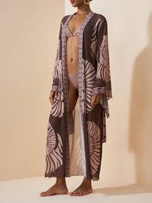 Zivah 2026 女士度假休闲沙滩薄纱印花长款和服式罩衫 - 棕色 - 查看 3