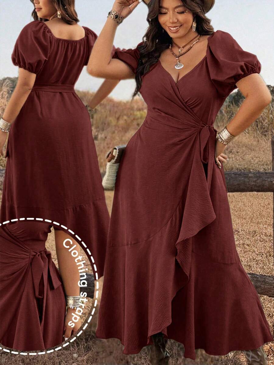 Ceyna Plus Size Women Elegant Tie-Wrap Ruffle Hem Dress Wrap Around Dresses For Ladies Wrap Dress Wedding Guest Womens Dresses Best Selling Dresses Occasion Dresses For Ladies Evening Dresses Western Formal Wedding Guest Dress Rustic Color Dress For Women Wedding - Red - View 1