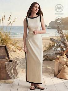 Zovinel Vestido sin mangas casual de vacaciones con ribete de bloques de color para mujer - Beis - Ver 1