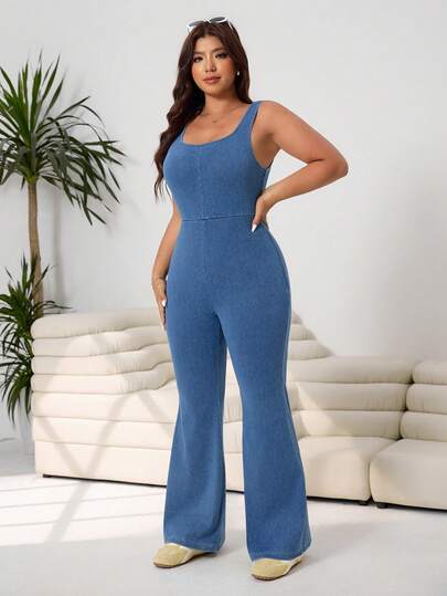 Solflare Plus Size Sleeveless Fitted Denim Jumpsuit