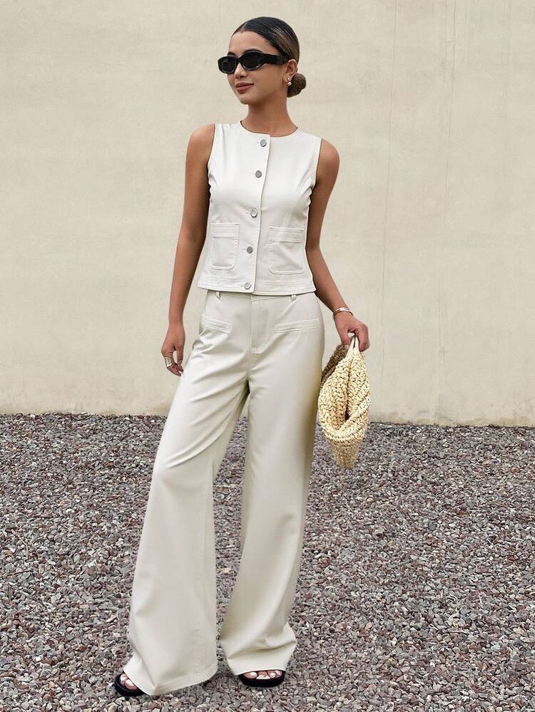 Women's Casual White Round Neck Short Sleeve Top And Denim Pants Set, Summer Holiday Outfit