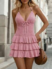 Chiquease 新款性感波西米亚海滩度假风露背系带深V领串珠层叠荷叶边复古浪漫比基尼沙滩派对连衣裙，甜美慵懒风，粉色荷叶边连衣裙，粉色度假连衣裙，粉色沙滩连衣裙，性感度假连衣裙，泳装连衣裙，女士夏季连衣裙，女士钩针连衣裙，粉色夏季连衣裙，荷叶边连衣裙，露背连衣裙，可爱连衣裙，女士夏季服装，女士连衣裙，女士度假服装，新款连衣裙，女士休闲潮流服装 - 粉色 - 查看 3