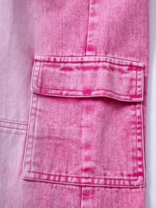 Tween Girls Y2K Style Pink Washed Denim Cargo Pants, Loose Straight Leg, Soft & Comfortable Fabric, Fashionable Streetwear, Girls Jeans Suitable For Outdoor, Festivals, Parties, Seasonal New Arrival Cargo Wide Leg Color Jeans Teen Girls Girl Heart Graphic Straightleg Jeans Pink - Pink - View 6