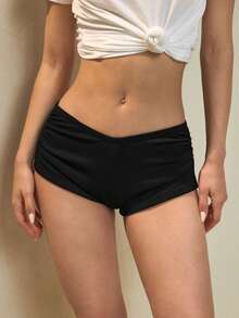 Swim Basics Quần short booty vải kẻ sọc xẻ tà xếp nếp mùa hè cho nữ, màu đen, đi biển, đi nghỉ, đơn giản - màu đen - Xem 6