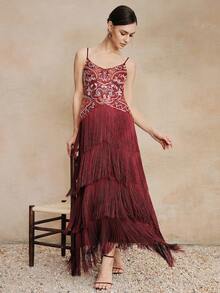 Anewsta Đầm dạ hội thanh lịch màu đỏ tía đính sequin dành cho nữ, thích hợp cho các buổi tiệc, tiệc chiêu đãi và các dịp trang trọng. - Màu Đỏ Sâu - Xem 5