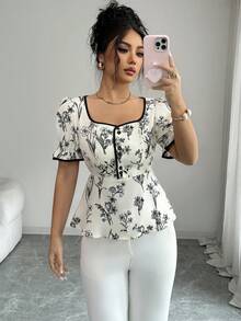 Elenzga 女士花卉印花花瓣袖荷叶边下摆衬衫，度假风 - 彩色 - 查看 7