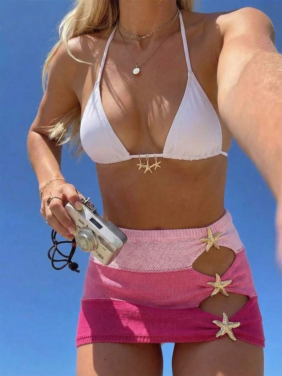 Swim Vcay تنورة عطلة ملونة ذات خصر منخفض مريحة، تصميم نجمي مفرغ، خصر مطاطي للنساء - متعدد الألوان - مشاهدة 1