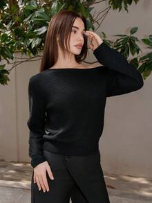 Bris Aura 女士纯色斜肩长袖休闲宽松毛衣 - 黑色 - 查看 5