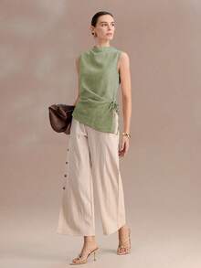 Uhlyne 女士新款无袖军绿色衬衫，优雅休闲，适合外出、度假、通勤、办公、日常穿着 - 軍綠色 - 查看 7