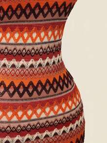 SHEIN ICON 女士外出度假波西米亚风礼服，适合舞会、科切拉音乐节、海滩度假、辣妹风条纹圆领露背无袖性感迷你连衣裙，夏季 - 橘色 - 查看 9