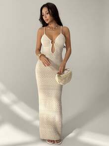 SHEIN PETITE 女士服装，米色圆形金属扣优雅现代针织连衣裙，适合度假、节日、商务休闲、海滩婚礼、情人节派对、复古、90年代、波西米亚风格等场合。 - 杏色 - 查看 4