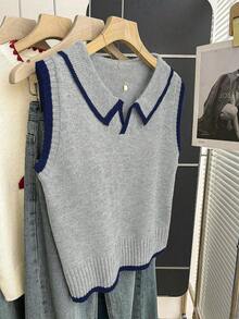 Franclia Oatmeal Knitted Vest With Navy Blue Trim,Polo Collar Half-Button Design,Sleeveless Slim Fit,Soft Ribbed Fabric,Casual Back-To-School Autumn School - Dark Grey - View 7
