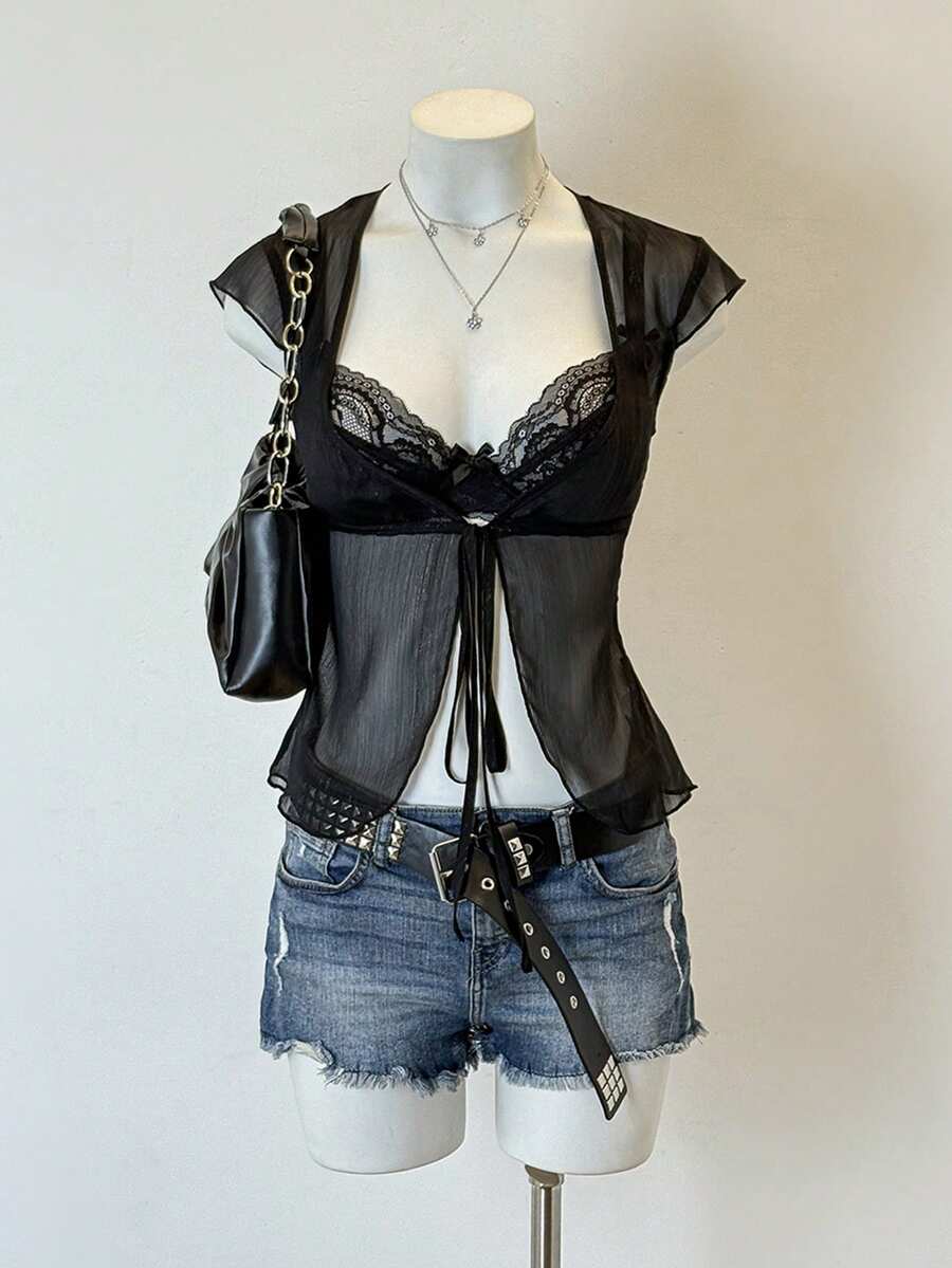 Jeanoix 女士条纹宽领可爱蝴蝶结修身休闲衬衫 - 黑色 - 查看 1