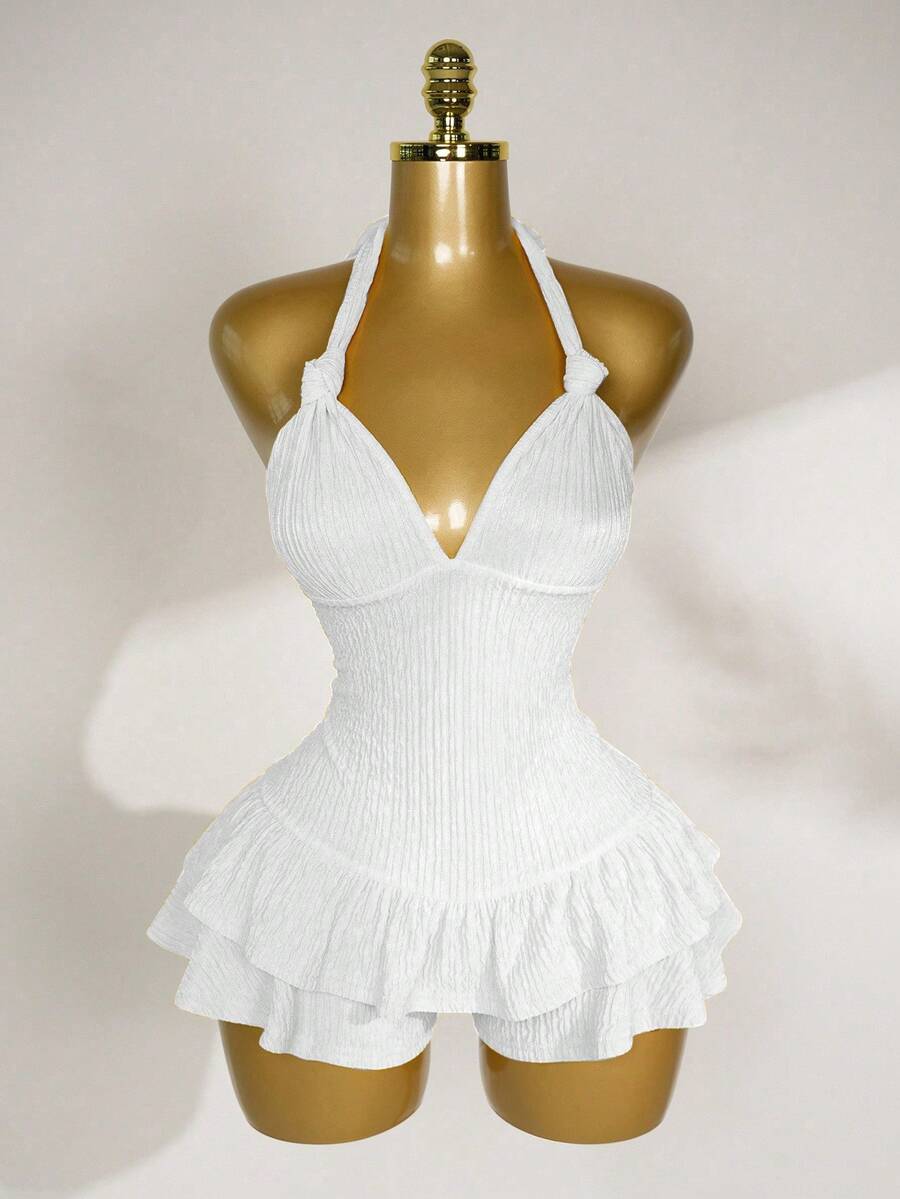 Mistrie Bộ jumpsuit ôm sát cơ thể màu trơn dành cho nữ, kiểu cổ yếm buộc dây, viền bèo nhún. - trắng - Xem 1