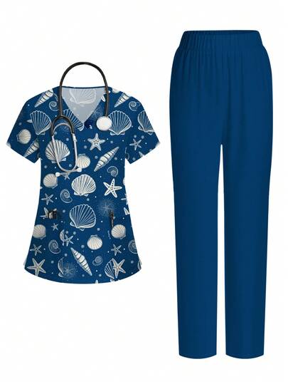 PopScrub Seashell & Conch Graphic Cartoon Print V-Neck Short Sleeve Pocket Ear Hanging Split Design 2-Piece Set For Women, Spring/Summer Nurse Uniform, Casual Outfit, Uniform