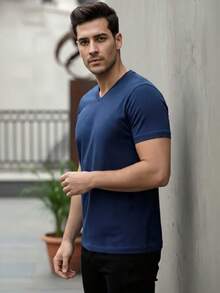 Playera para Caballero Cuello en V Manga Corta Casual Primavera Verano - Azul Marino - Ver 3