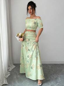Elenzga Women's Off-Shoulder Cropped Top With Floral Embroidery Print, Suitable For Beach Vacation And Travel, 2-Piece Set, Spring/Summer - Green - View 7