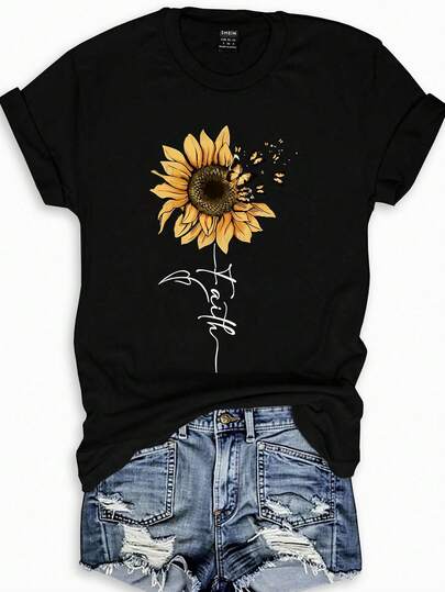 INAWLY Plus Size Sunflower & Butterfly Print Casual T-Shirt Graphic Tees Women Tops
