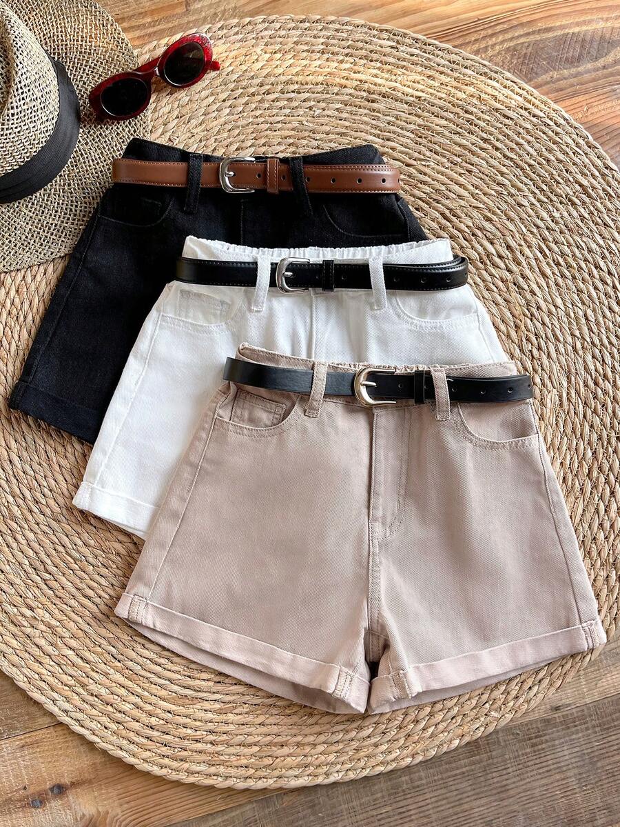 SHEIN Bộ 3 chiếc quần short denim màu kaki, đen, trắng dành cho bé gái tuổi teen. - Nhiều màu - Xem 1