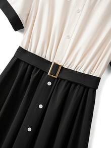 GlowEve CURVE Women's Plus Size Woven Fabric Turndown Collar Regular Shoulder Short Sleeve Ruched Loose Straight Shoulder A-Line Maxi Dress, Spring French Style Dress Black And White Dress Black And White Dress Women Women's Midi Dress Button Dress Two Tone Dress - Multicolor - View 7