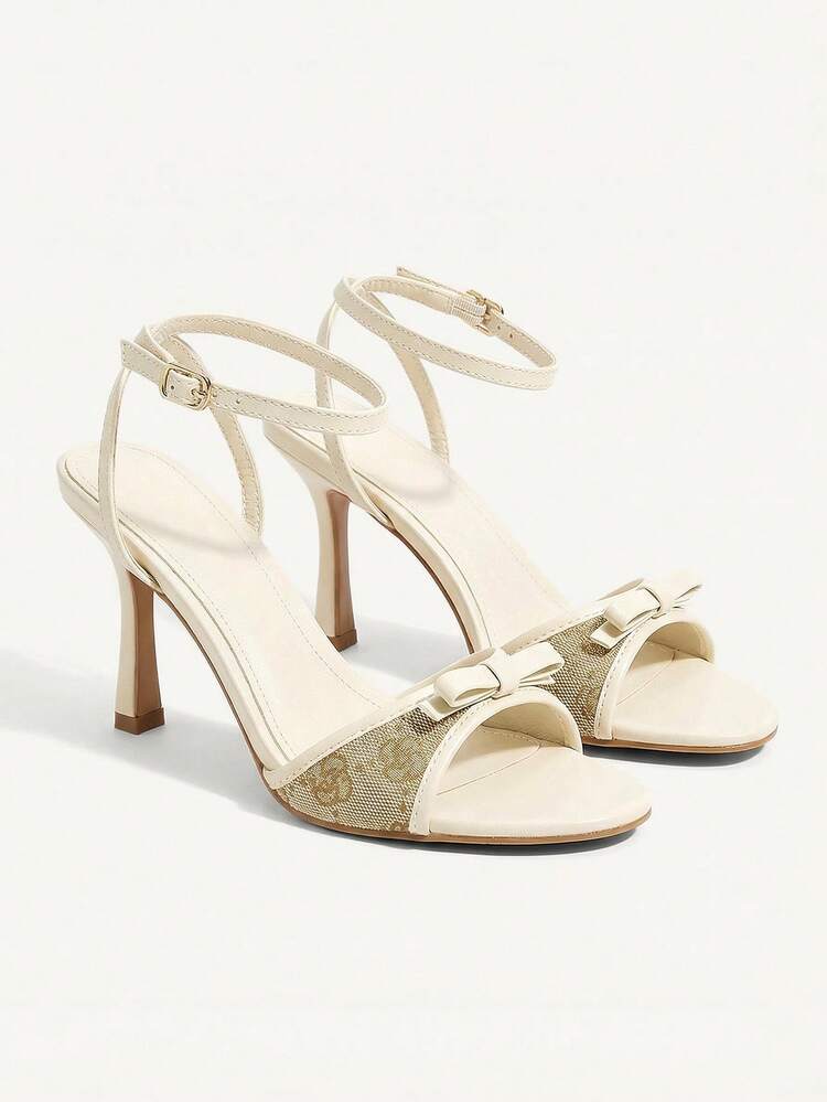 CUCCOO CHICEST Women Shoes Beige Small Rose Print Design Fashionable And Elegant Summer And Summer Elegant Round Toe Ankle Strap Stiletto Sandals Wedding Shoes Summer Shoes Bride Shoes