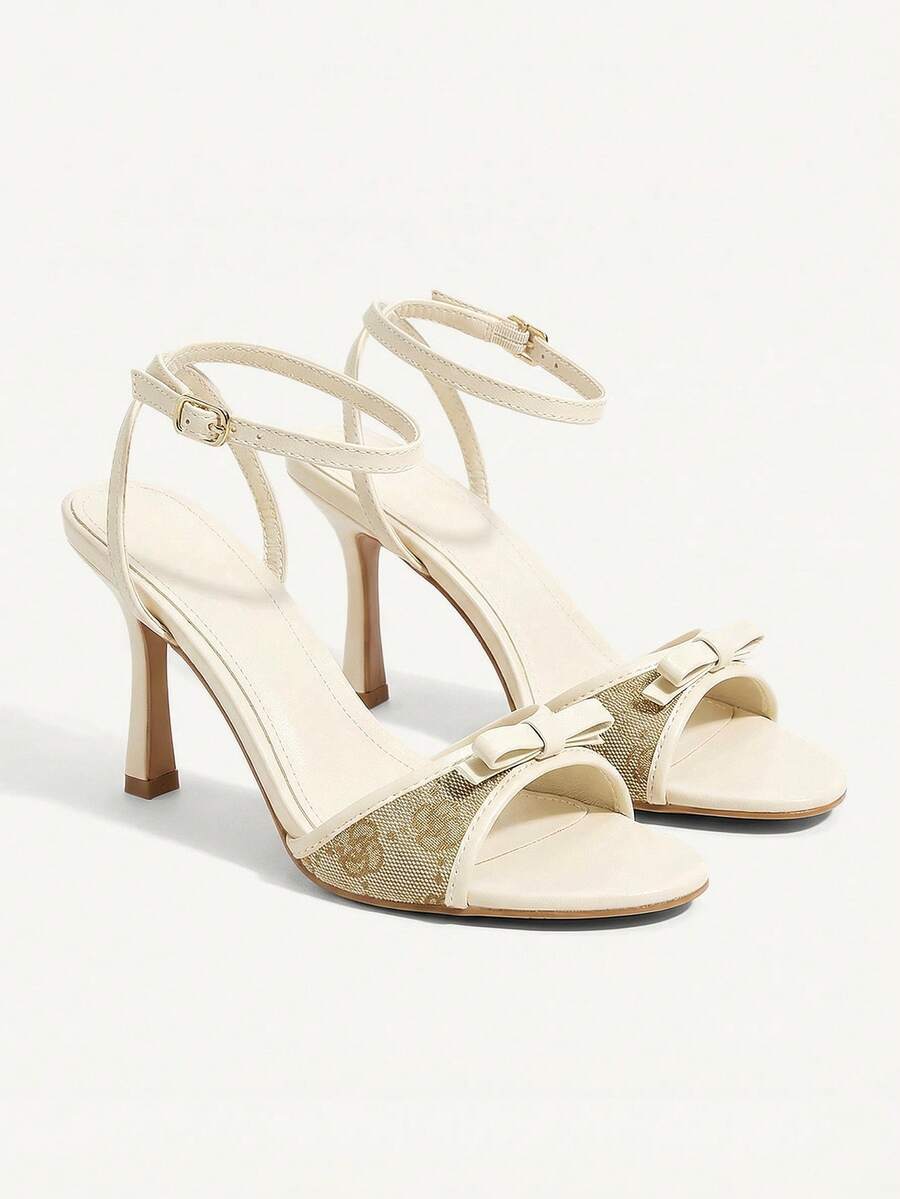 CUCCOO CHICEST 女士米色小玫瑰印花设计时尚优雅春夏优雅圆头踝带细高跟凉鞋 - 米色 - 查看 1