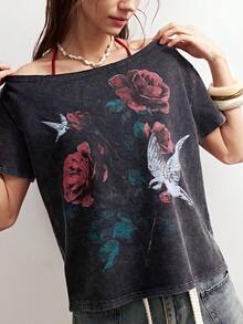 Bohemela 波西米亚风度假风不对称领纯色针织宽松休闲女式T恤 - 黑色 - 查看 5