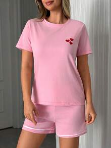 SHEIN 2 Stücke Baumwoll-Damen Schlafanzug Set mit niedlichem Herz-Muster, Kurzarm Oberteil + Shorts, bequem und gemütlich für Zuhause - Pink - Übersicht 5