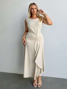 Auralis 大码优雅简约纯色荷叶边连衣裙，夏季优雅曲线连衣裙，米色优雅连衣裙，奶油色连衣裙，及踝连衣裙，女士优雅春夏连衣裙，女士优雅度假连衣裙，女士婚礼宾客连衣裙，女士毕业典礼连衣裙，女士节日服装，女士服装，连衣裙，中长连衣裙，夏季服装，夏季连衣裙 - 杏色 - 查看 3