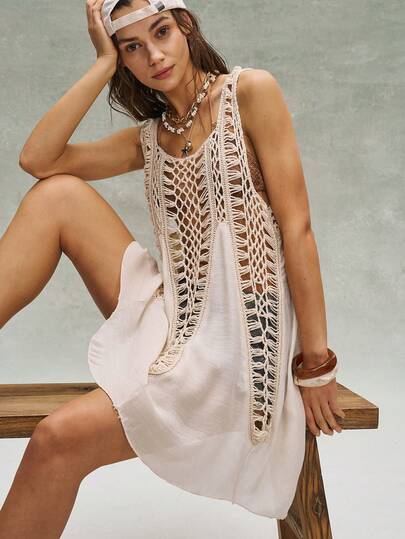 Bohemela 不对称针织拼接无袖连衣裙，手工镂空针织背心短裙，性感复古吊带裙，适合夏季度假