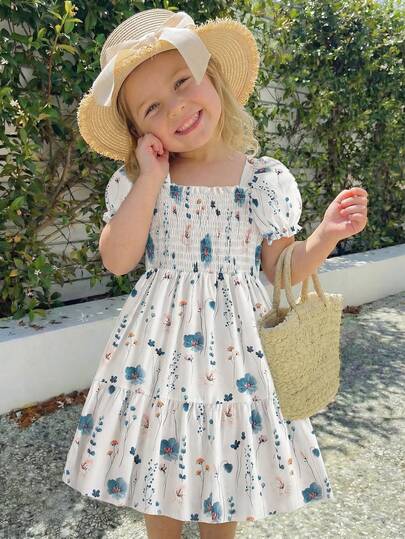 SHEIN Elladie kids 1 pieza Vestido de tirantes con estampado floral de dopamina para niñas, vestido de playa lindo y de moda para salidas de verano y vacaciones