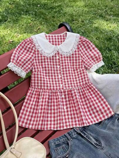 Sweetra 大码女式娃娃领荷叶边装饰A字开襟泡泡袖格子休闲可爱甜美约会派对衬衫