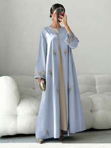 Yasmyna Áo Abaya dài tay có mũ trùm đầu thêu hoa dành cho nữ - Màu xanh nhạt - Xem 5