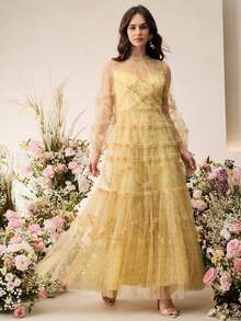 Anewsta 浅黄色圆领长袖无肩带半透明A字连衣裙，适合婚礼、生日派对、宴会等场合。 - 鵝黃色 - 查看 6