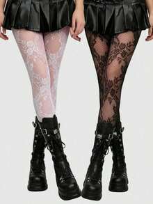 ROMWE Goth Medias de red sexy con diseño calado y alta elasticidad con estampado floral, adecuadas para el uso diario de las mujeres - Blanco y Negro - Ver 9