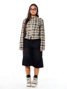 SUMWON WOMEN Plaid Check Pattern Cropped Denim Biker Jacket With Zip Closure Long Sleeves Women Casual Fall Winter Outerwear - Multicolor - View 5