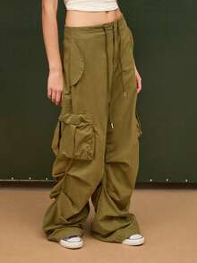 COUREZ Low Rise Parachute Cargo Trousers/ Y2K Summer Clothes For Women Summer Outfits For Women Green Trousers Khaki Trousers Festival Outfits Concert Outfits Spring Outfits For Women - Army Green - View 6