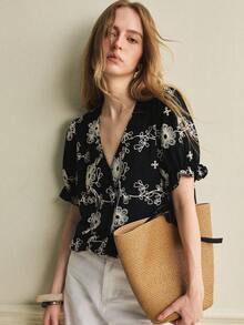 Écloséra Nueva blusa de mujer con escote en V y manga corta bordada, para primavera/verano - Multicolor - Ver 6