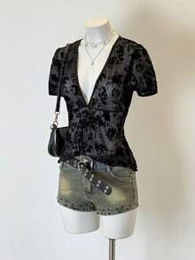 Jeanoix Sheer Sexy Flocked Floral Deep V-Neck Ruched Peplum Hem Women Blouse - Black - View 3