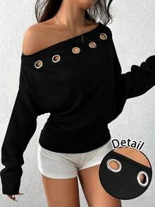 SHEIN EZwear 休闲运动街头风银色金属孔眼装饰做旧黑色轻薄不对称领卫衣，适合早春音乐节穿着 - 彩色 - 查看 10