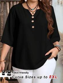 SHEIN CURVE+ Plus Size Casual Black Decorative Button Notched Neck 3/4 Sleeve Loose Blouse, Black Notched Neck Blouse, Fashionable Women Blouse, Going Out Tops - Black - View 10